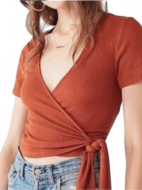 Project Social T x Urban Outfitters Ribbed Wrap Tie Crop Top Teal Green Small